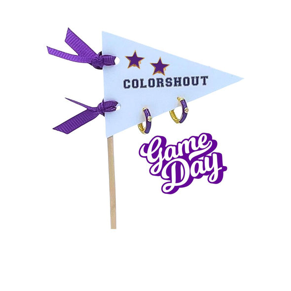 E203- Game Day: Pennant Pair- Team Color Huggie Hoops + Star Stud Earrings on Pennant Flag