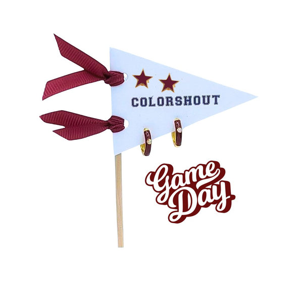 E203- Game Day: Pennant Pair- Team Color Huggie Hoops + Star Stud Earrings on Pennant Flag