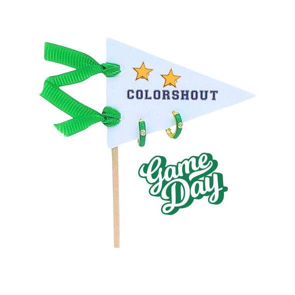 E203- Game Day: Pennant Pair- Team Color Huggie Hoops + Star Stud Earrings on Pennant Flag