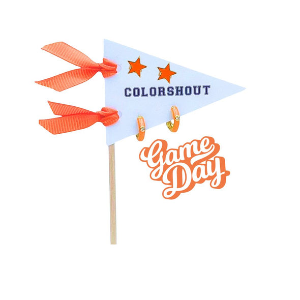 E203- Game Day: Pennant Pair- Team Color Huggie Hoops + Star Stud Earrings on Pennant Flag