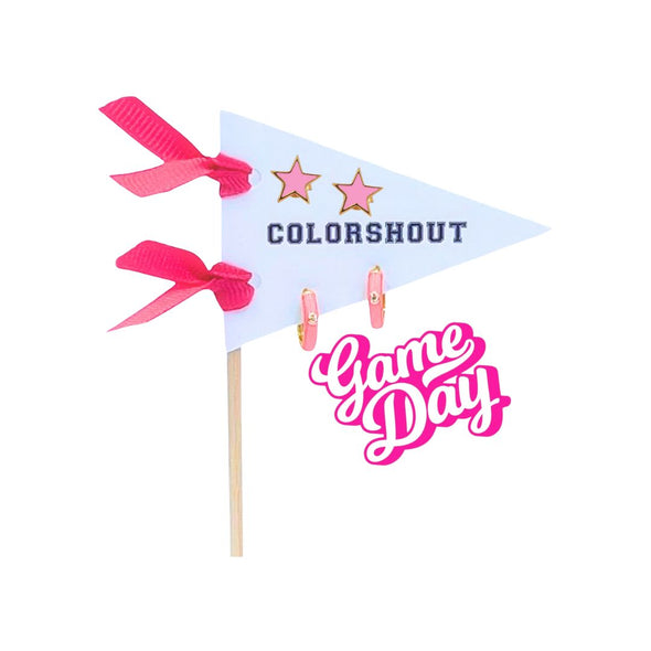 E203- Game Day: Pennant Pair- Team Color Huggie Hoops + Star Stud Earrings on Pennant Flag