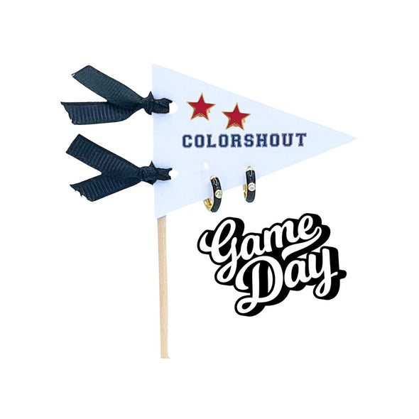 E203- Game Day: Pennant Pair- Team Color Huggie Hoops + Star Stud Earrings on Pennant Flag