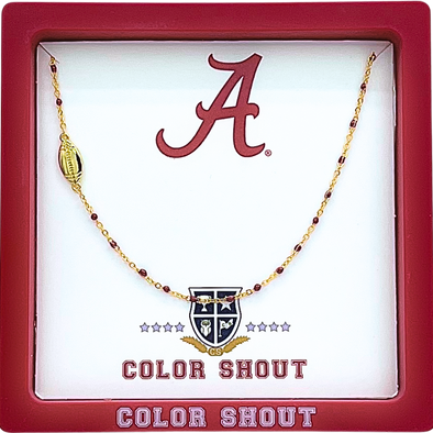 N203- The Alabama Game Day Necklace: Side Set Football on Crimson Enamel Bead Necklace