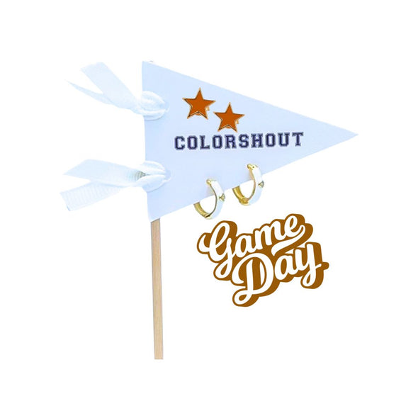 E203- Game Day: Pennant Pair- Team Color Huggie Hoops + Star Stud Earrings on Pennant Flag