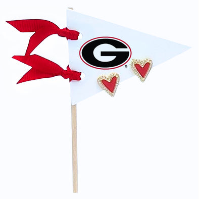 E205-GA Love UGA: Bright Red Color Heart Studs on Georgia Logo Pennant Flag