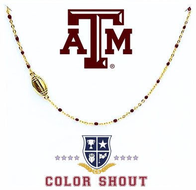 N203- TAM The Game Day Necklace: Side Set Football on Enamel Bead Necklace on Texas A&M Logo Card