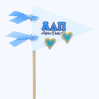 E205-I Love my Sorority: Alpha Delta Pi Bright Color Heart Studs on Greek Letter Pennant Flag