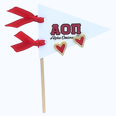 E205-I Love my Sorority: Alpha Omicron Pi Bright Color Heart Studs on Greek Letter Pennant Flag