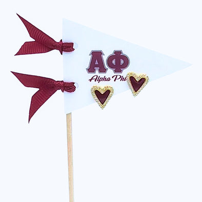 E205-I Love my Sorority: Alpha Phi Bright Color Heart Studs on Greek Letter Pennant Flag