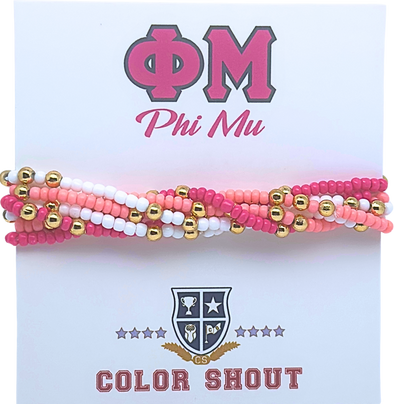 B201 - PM-Phi Mu Colors Stack: Set of 6 Beaded Stretch Bracelets