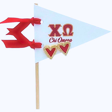 E205-I Love my Sorority: Chi Omega Bright Color Heart Studs on Greek Letter Pennant Flag (Copy)