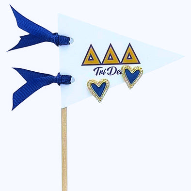 E205-I Love my Sorority: Delta Delta Delta Bright Color Heart Studs on Greek Letter Pennant Flag