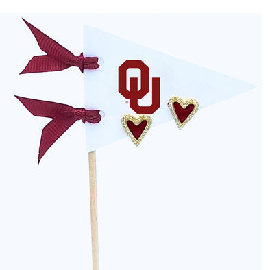 E205 OU- I Love the University of Oklahoma: Heart Studs on Pennant Flag