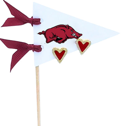 E205 ARK- I Love the University of Arkansas: Heart Studs on Pennant Flag