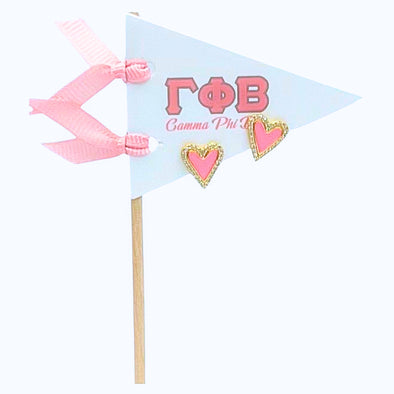 E205-I Love my Sorority: Gamma Phi Beta Bright Color Heart Studs on Greek Letter Pennant Flag