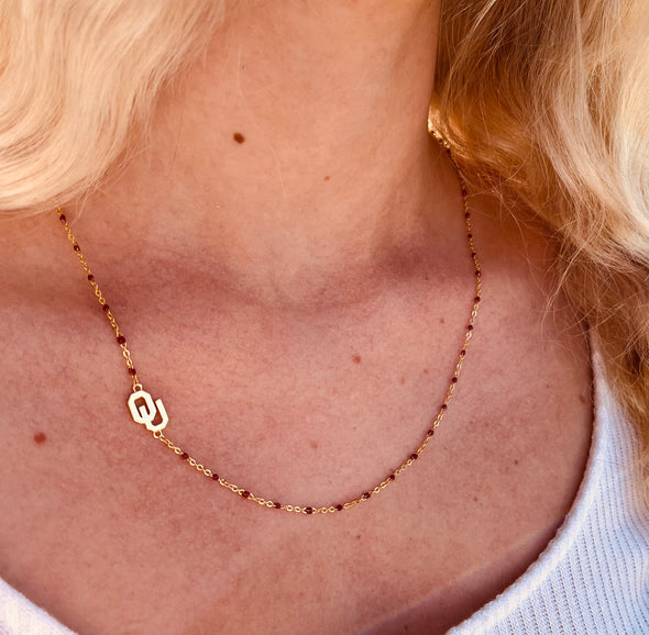 N201 OU-The Oklahoma Necklace: Side Set OU Logo on Enamel Bead Necklace