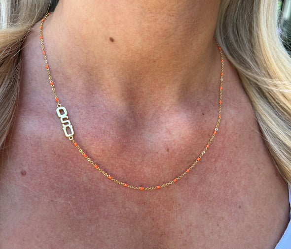 N201 OSU-The Oklahoma State Necklace: Side Set OSU Logo on Enamel Bead Necklace