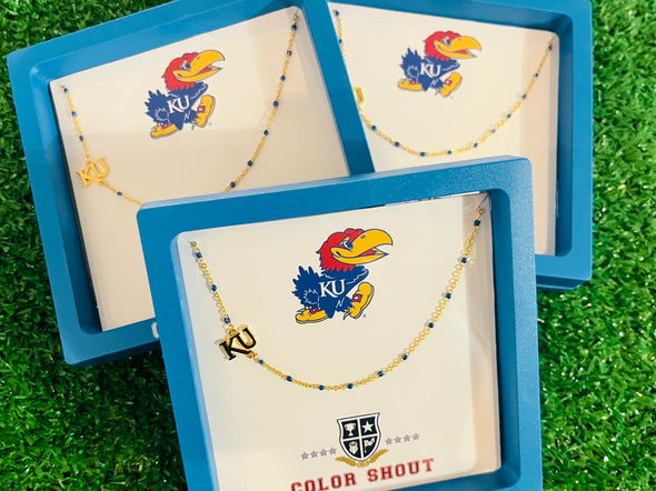 N201 KAN-The Kansas University Logo Necklace: Side Set KU Logo on Blue Enamel Bead Necklace