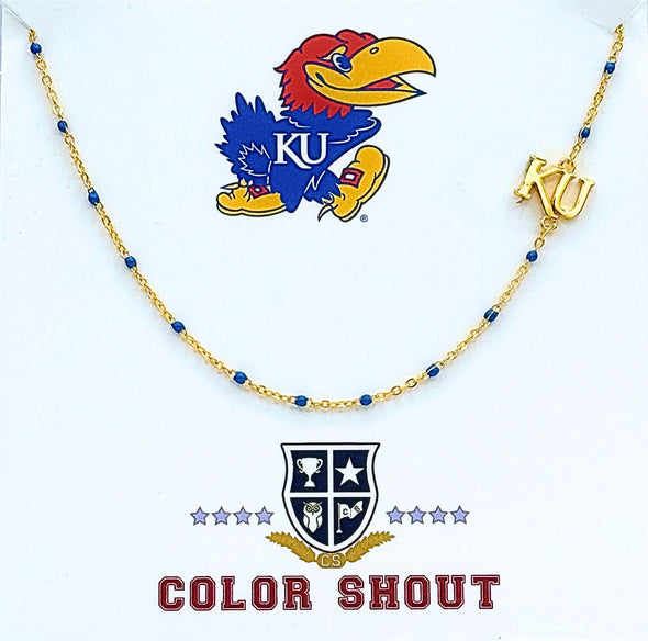 N201 KAN-The Kansas University Logo Necklace: Side Set KU Logo on Blue Enamel Bead Necklace