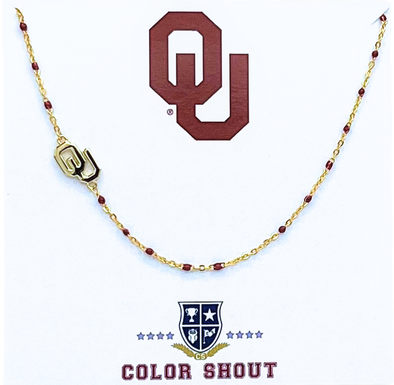 N201 OU-The Oklahoma Necklace: Side Set OU Logo on Enamel Bead Necklace