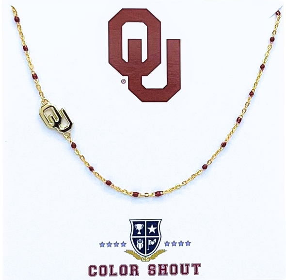 N201 OU-The Oklahoma Necklace: Side Set OU Logo on Enamel Bead Necklace