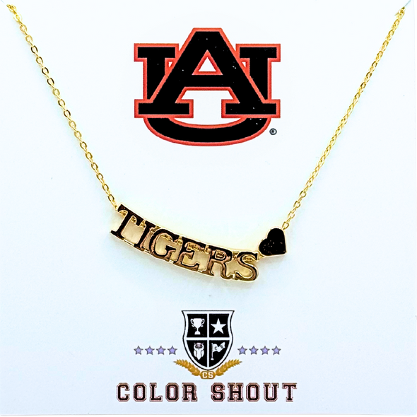 I Love Auburn:  Gold Tigers and Heart Necklace