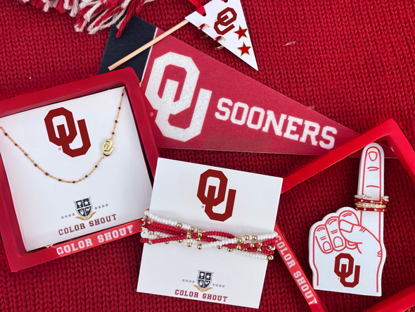 N201 OU-The Oklahoma Necklace: Side Set OU Logo on Enamel Bead Necklace