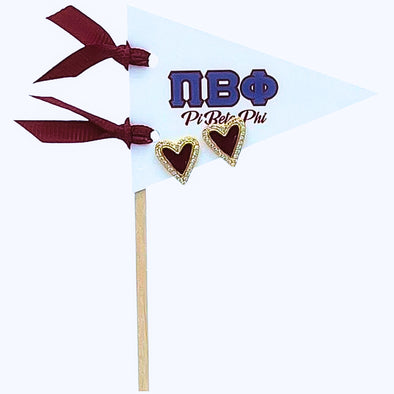 E205-I Love my Sorority: Pi Beta Phi Bright Color Heart Studs on Greek Letter Pennant Flag