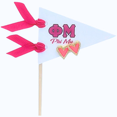 E205-I Love my Sorority: Phi Mu Bright Color Heart Studs on Greek Letter Pennant Flag