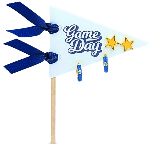 E203- Game Day: Pennant Pair- Team Color Huggie Hoops + Star Stud Earrings on Pennant Flag