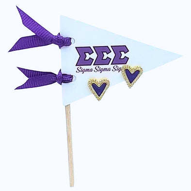 E205-I Love my Sorority: Sigma Sigma Sigma Bright Color Heart Studs on Greek Letter Pennant Flag