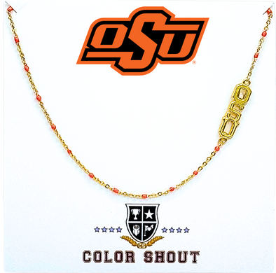 N201 OSU-The Oklahoma State Necklace: Side Set OSU Logo on Enamel Bead Necklace