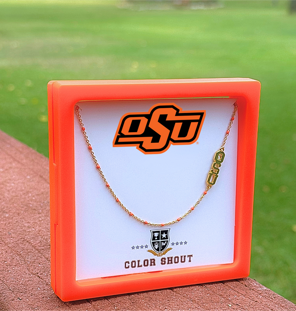 N201 OSU-The Oklahoma State Necklace: Side Set OSU Logo on Enamel Bead Necklace