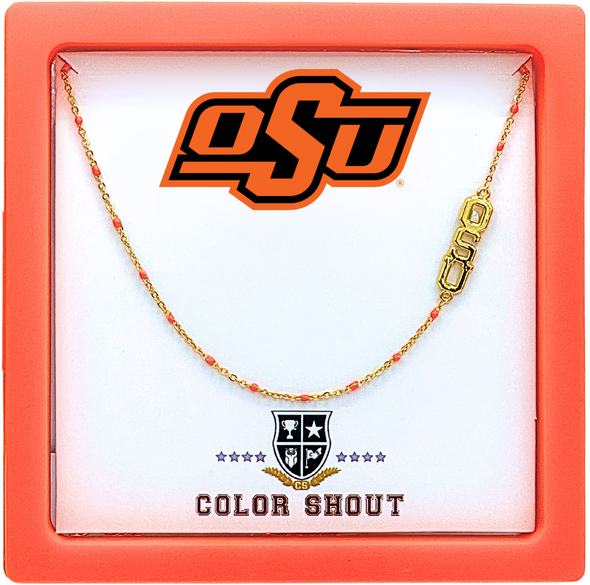 N201 OSU-The Oklahoma State Necklace: Side Set OSU Logo on Enamel Bead Necklace