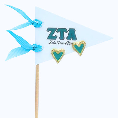 E205-I Love my Sorority: Zeta Tau Alpha Bright Color Heart Studs on Greek Letter Pennant Flag